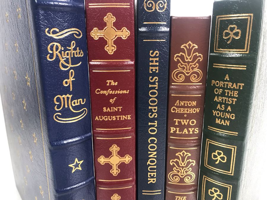 Set Of (5) Easton Press Collector's Edition Genuine Leather Books: A Portrait Of The Artist As A Young Man By James Joyce, Anton Chekhov Two Plays, She Stoops To Conquer By Oliver Goldsmith, The Confessions Of St. Augustine, Rights Of Man By Thomas Paine [Photo 2]