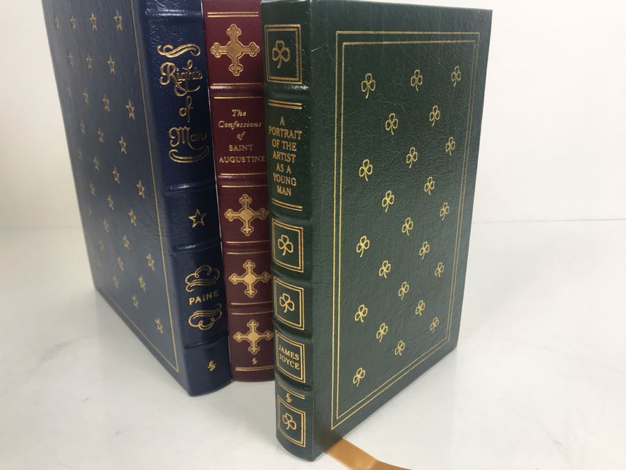 Set Of (5) Easton Press Collector's Edition Genuine Leather Books: A Portrait Of The Artist As A Young Man By James Joyce, Anton Chekhov Two Plays, She Stoops To Conquer By Oliver Goldsmith, The Confessions Of St. Augustine, Rights Of Man By Thomas Paine [Photo 3]