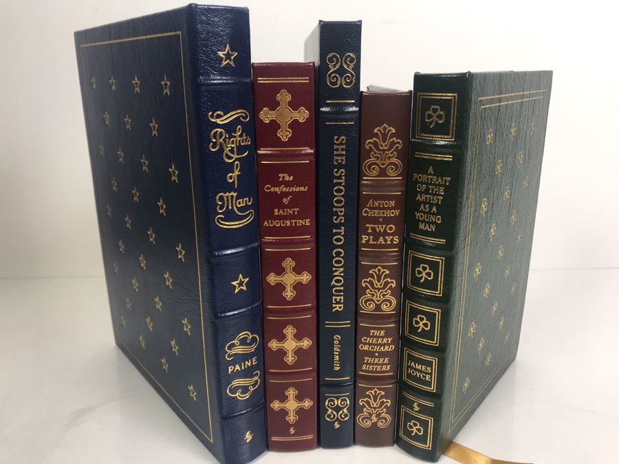 Set Of (5) Easton Press Collector's Edition Genuine Leather Books: A Portrait Of The Artist As A Young Man By James Joyce, Anton Chekhov Two Plays, She Stoops To Conquer By Oliver Goldsmith, The Confessions Of St. Augustine, Rights Of Man By Thomas Paine