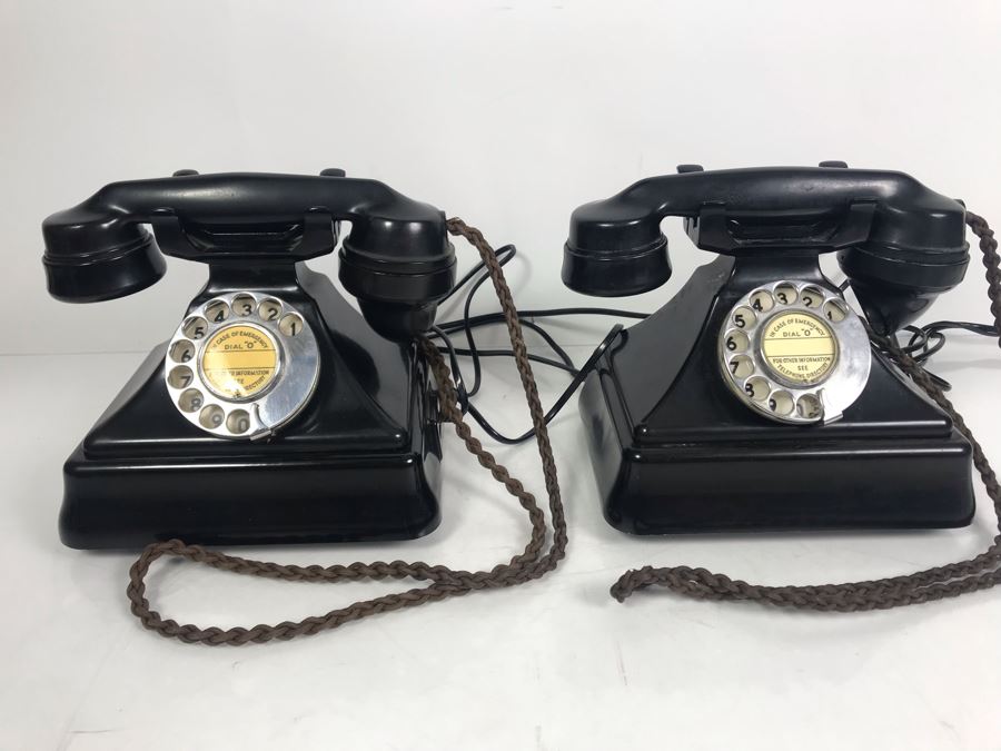 Pair Of Vintage British Black Bakelite GPO No. 164 Bell Rotary Dial Telephones Bell Set No 26