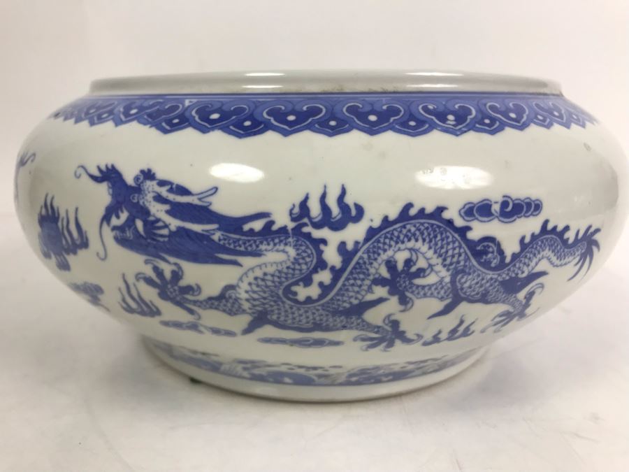Signed Chinese Blue And White Porcelain Bowl With Dragon Serpent Design [Photo 8]