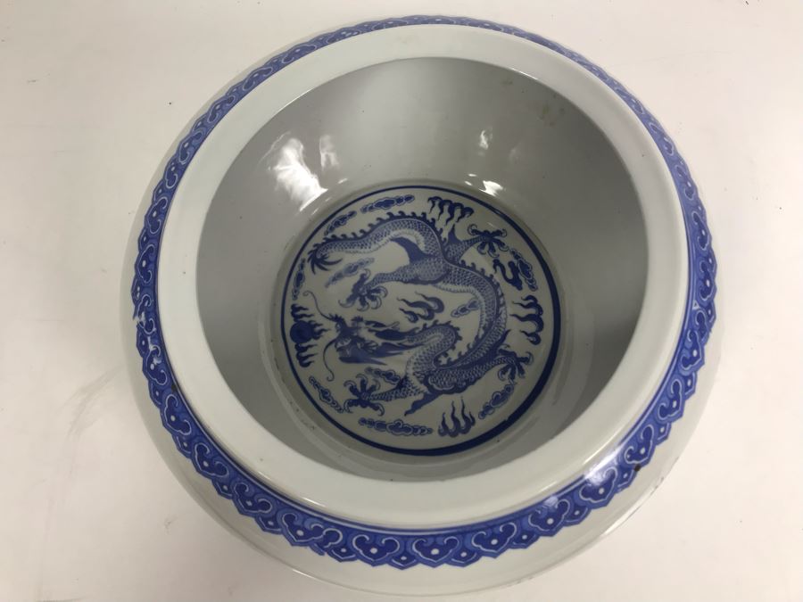 Signed Chinese Blue And White Porcelain Bowl With Dragon Serpent Design [Photo 5]