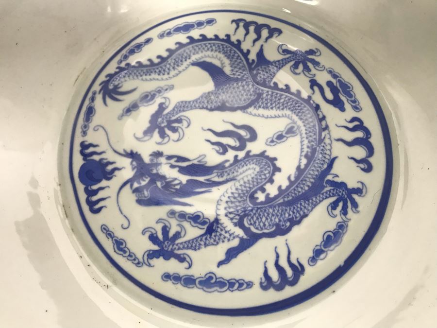 Signed Chinese Blue And White Porcelain Bowl With Dragon Serpent Design [Photo 6]