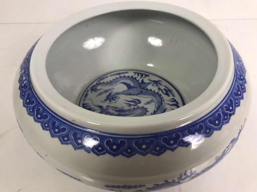Signed Chinese Blue And White Porcelain Bowl With Dragon Serpent Design [Photo 7]