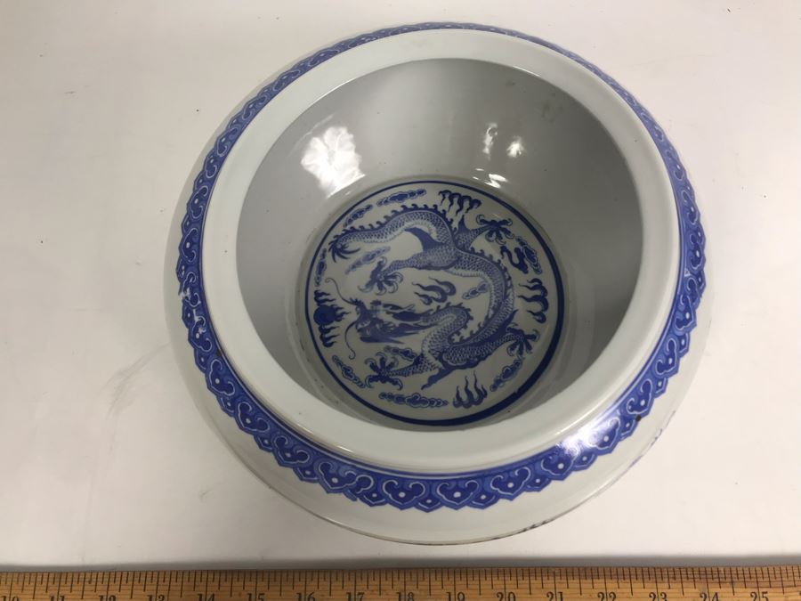 Signed Chinese Blue And White Porcelain Bowl With Dragon Serpent Design [Photo 4]