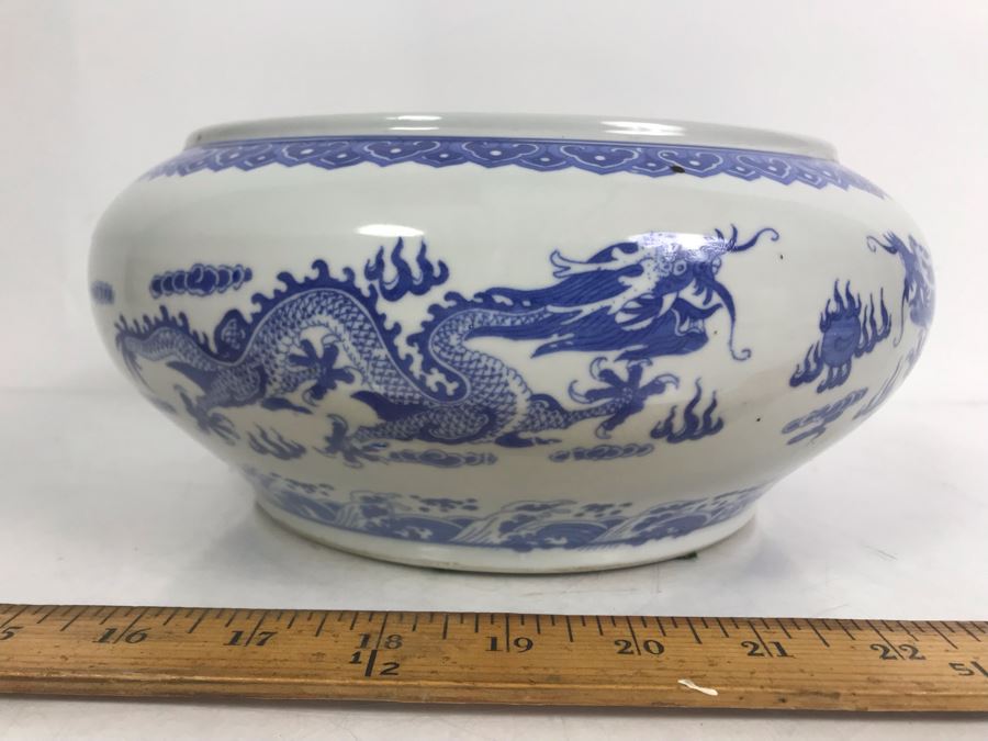 Signed Chinese Blue And White Porcelain Bowl With Dragon Serpent Design [Photo 2]