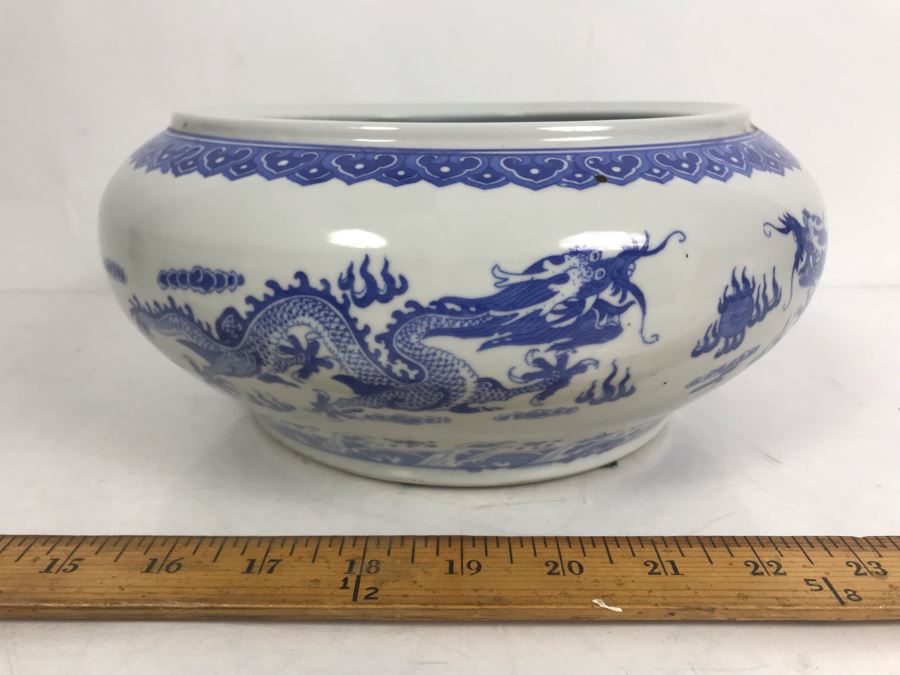Signed Chinese Blue And White Porcelain Bowl With Dragon Serpent Design
