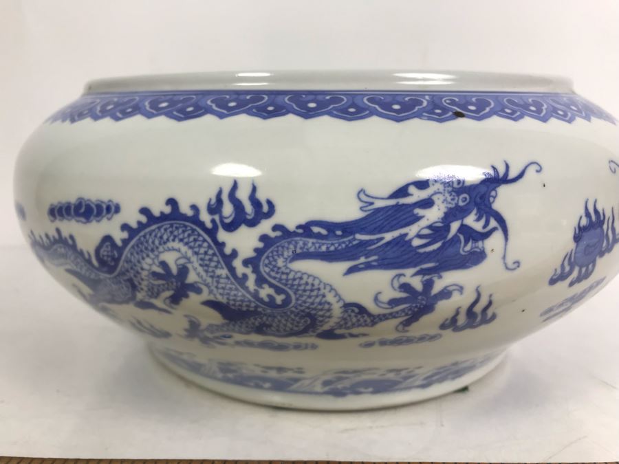 Signed Chinese Blue And White Porcelain Bowl With Dragon Serpent Design [Photo 3]