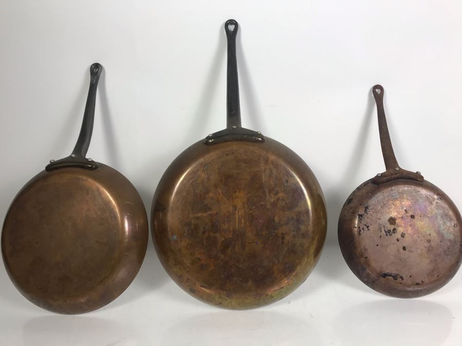 Set Of (3) Vintage Heavy Copper Frying Pans TSL STL Made In France