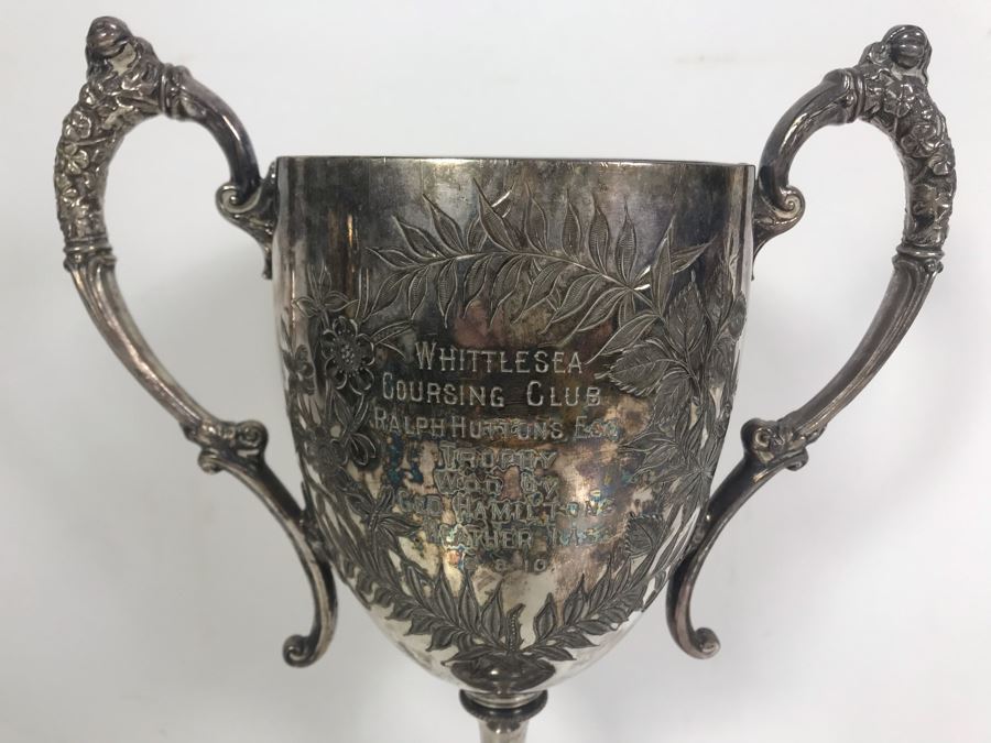 Antique W&H Walker & Hall Sheffield England Tropy Cup Inscribed 'Whittlesea Coursing Club Ralph Hutton's Esq Tropy Won By Goe Hamiltons Heather Lass 9-8-1910' 12'H [Photo 2]