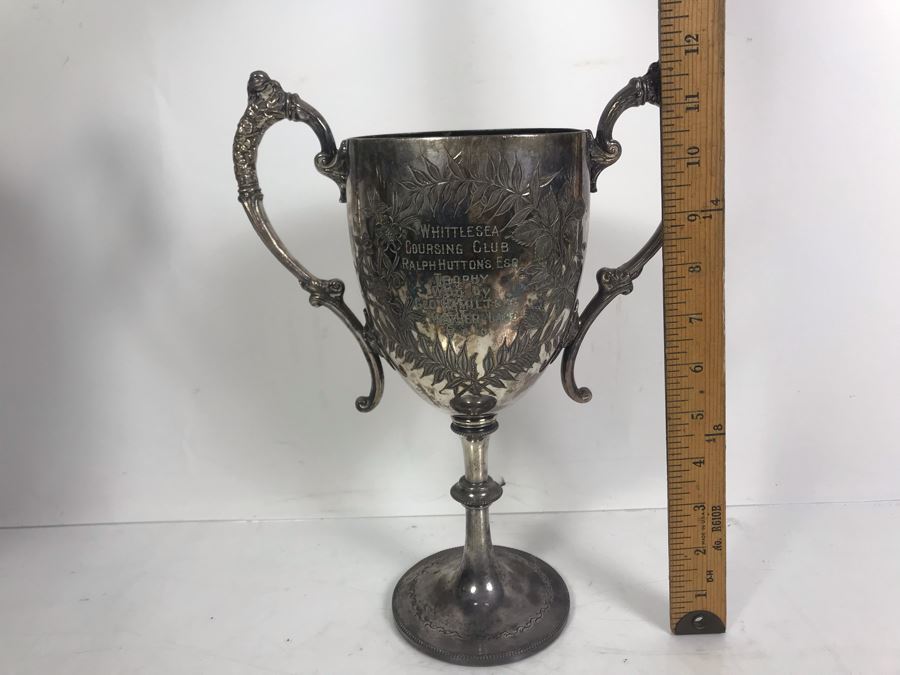 Antique W&H Walker & Hall Sheffield England Tropy Cup Inscribed 'Whittlesea Coursing Club Ralph Hutton's Esq Tropy Won By Goe Hamiltons Heather Lass 9-8-1910' 12'H [Photo 16]