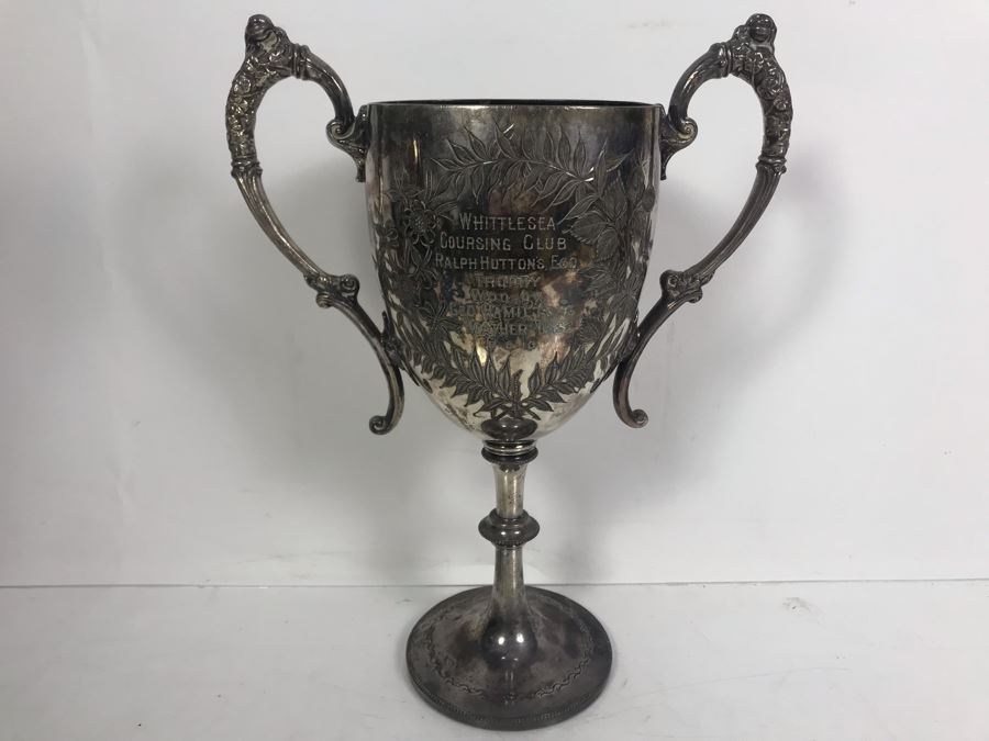 Antique W&H Walker & Hall Sheffield England Tropy Cup Inscribed 'Whittlesea Coursing Club Ralph Hutton's Esq Tropy Won By Goe Hamiltons Heather Lass 9-8-1910' 12'H