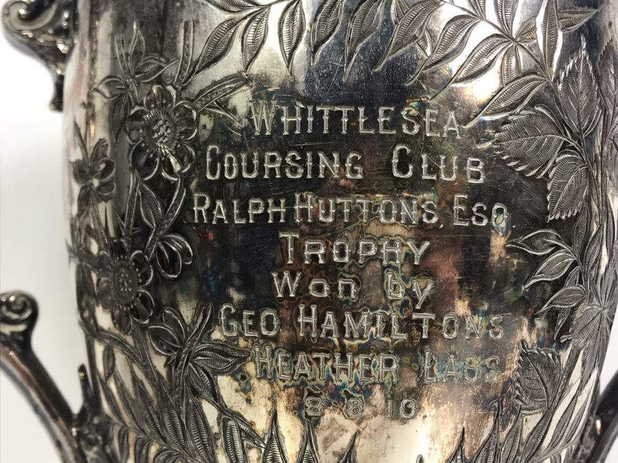 Antique W&H Walker & Hall Sheffield England Tropy Cup Inscribed 'Whittlesea Coursing Club Ralph Hutton's Esq Tropy Won By Goe Hamiltons Heather Lass 9-8-1910' 12'H [Photo 6]