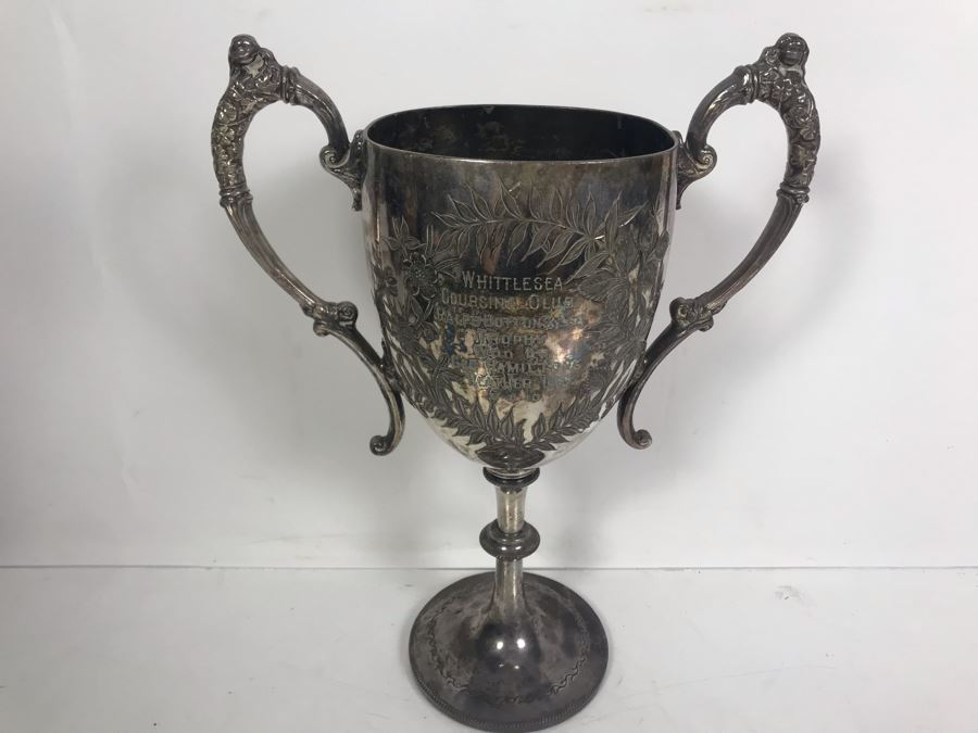 Antique W&H Walker & Hall Sheffield England Tropy Cup Inscribed 'Whittlesea Coursing Club Ralph Hutton's Esq Tropy Won By Goe Hamiltons Heather Lass 9-8-1910' 12'H [Photo 3]