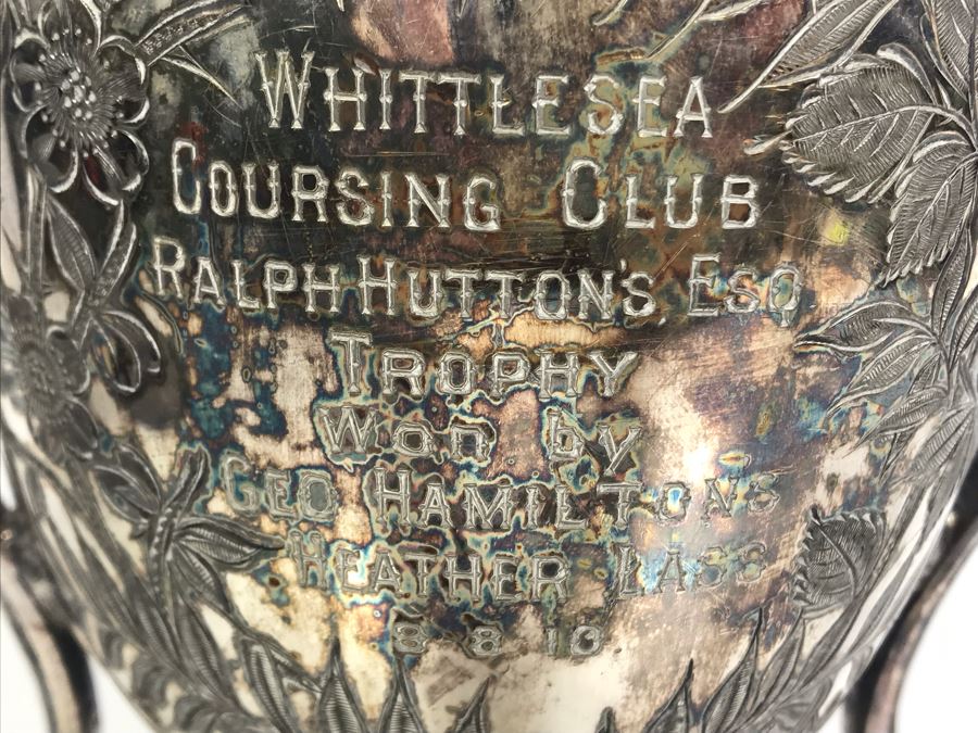 Antique W&H Walker & Hall Sheffield England Tropy Cup Inscribed 'Whittlesea Coursing Club Ralph Hutton's Esq Tropy Won By Goe Hamiltons Heather Lass 9-8-1910' 12'H [Photo 4]