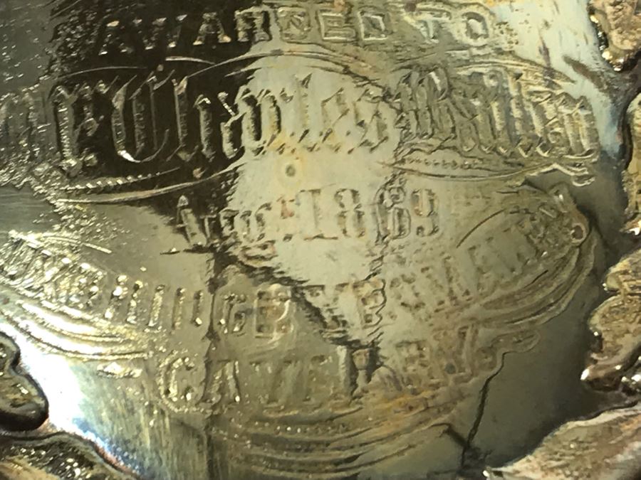 Stunning Ornate Hallmarked Silverplate Trophy Cup Inscribed 'Regimental Sword Prize Awarded To Mr. Charles Bailey Aug 1869 Cavalry' 15'H [Photo 14]