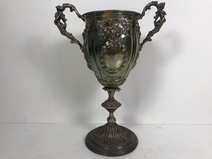 Stunning Ornate Hallmarked Silverplate Trophy Cup Inscribed 'Regimental Sword Prize Awarded To Mr. Charles Bailey Aug 1869 Cavalry' 15'H [Photo 30]