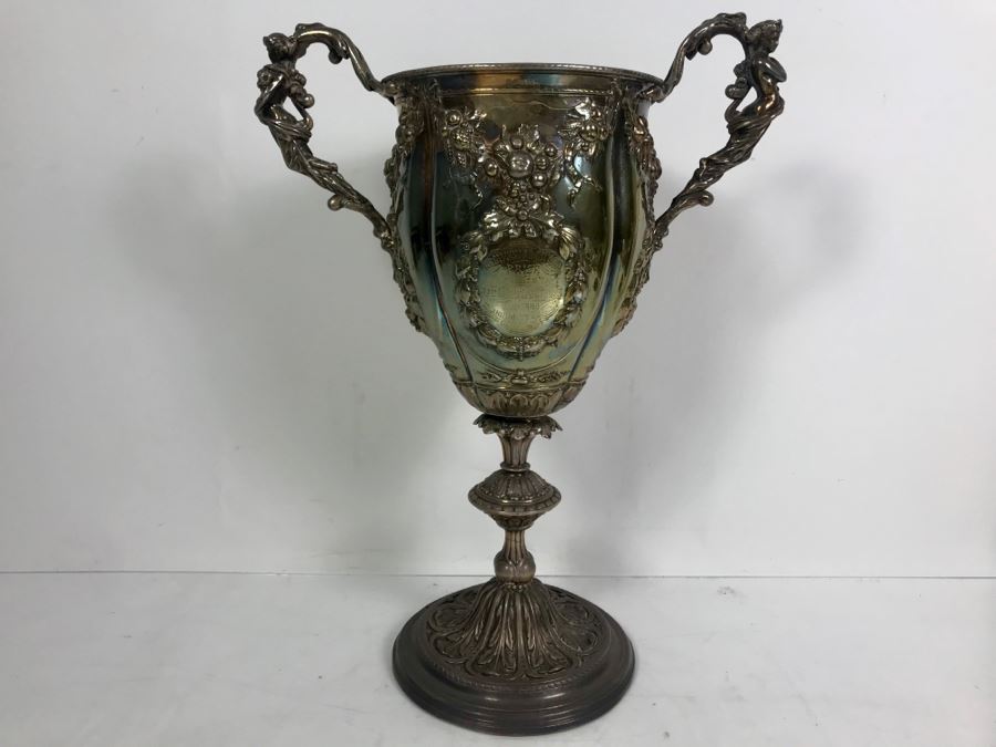 Stunning Ornate Hallmarked Silverplate Trophy Cup Inscribed 'Regimental Sword Prize Awarded To Mr. Charles Bailey Aug 1869 Cavalry' 15'H [Photo 31]