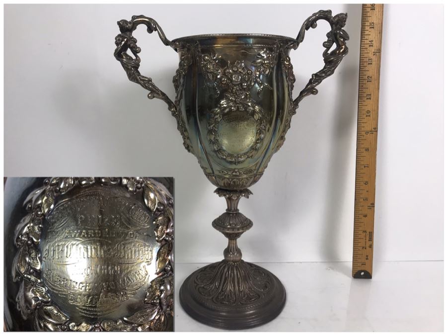 Stunning Ornate Hallmarked Silverplate Trophy Cup Inscribed 'Regimental Sword Prize Awarded To Mr. Charles Bailey Aug 1869 Cavalry' 15'H [Photo 1]