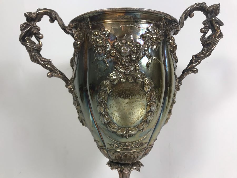 Stunning Ornate Hallmarked Silverplate Trophy Cup Inscribed 'Regimental Sword Prize Awarded To Mr. Charles Bailey Aug 1869 Cavalry' 15'H [Photo 8]