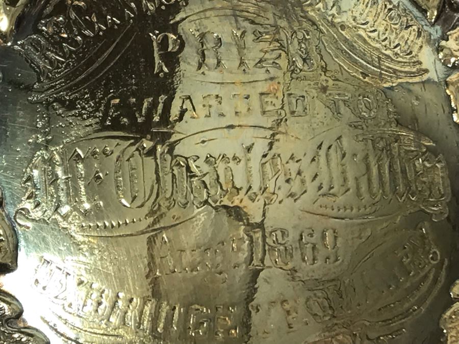 Stunning Ornate Hallmarked Silverplate Trophy Cup Inscribed 'Regimental Sword Prize Awarded To Mr. Charles Bailey Aug 1869 Cavalry' 15'H [Photo 15]