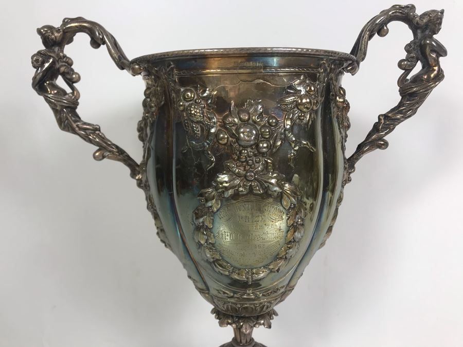 Stunning Ornate Hallmarked Silverplate Trophy Cup Inscribed 'Regimental Sword Prize Awarded To Mr. Charles Bailey Aug 1869 Cavalry' 15'H [Photo 7]