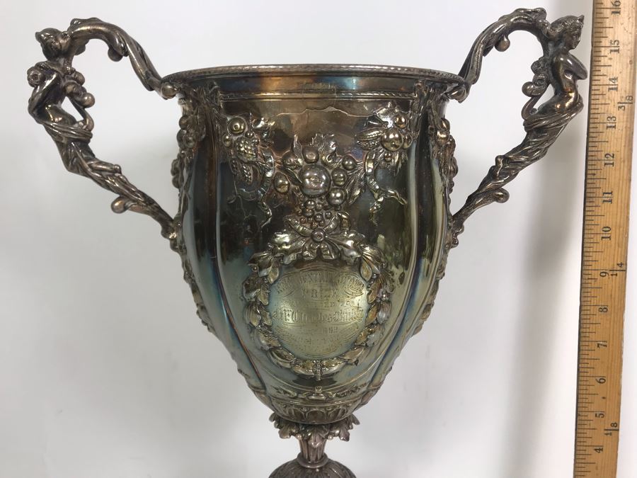 Stunning Ornate Hallmarked Silverplate Trophy Cup Inscribed 'Regimental Sword Prize Awarded To Mr. Charles Bailey Aug 1869 Cavalry' 15'H [Photo 6]