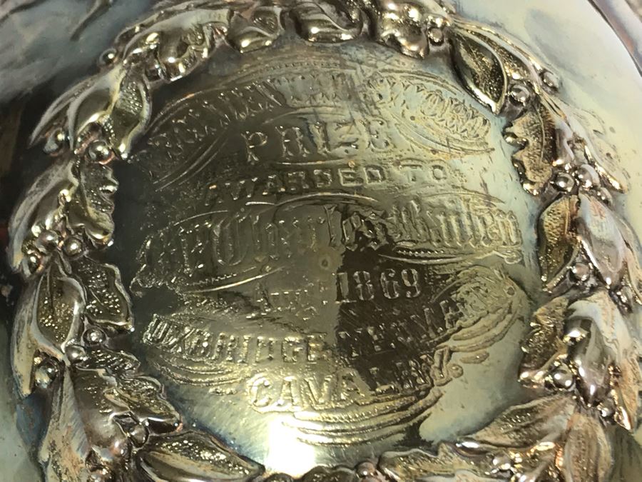 Stunning Ornate Hallmarked Silverplate Trophy Cup Inscribed 'Regimental Sword Prize Awarded To Mr. Charles Bailey Aug 1869 Cavalry' 15'H [Photo 13]