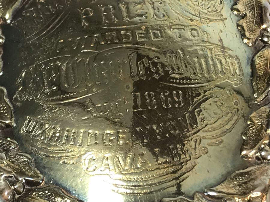Stunning Ornate Hallmarked Silverplate Trophy Cup Inscribed 'Regimental Sword Prize Awarded To Mr. Charles Bailey Aug 1869 Cavalry' 15'H [Photo 4]