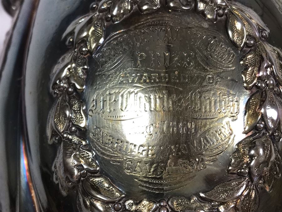 Stunning Ornate Hallmarked Silverplate Trophy Cup Inscribed 'Regimental Sword Prize Awarded To Mr. Charles Bailey Aug 1869 Cavalry' 15'H [Photo 3]
