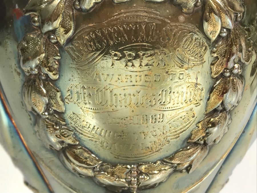 Stunning Ornate Hallmarked Silverplate Trophy Cup Inscribed 'Regimental Sword Prize Awarded To Mr. Charles Bailey Aug 1869 Cavalry' 15'H [Photo 11]