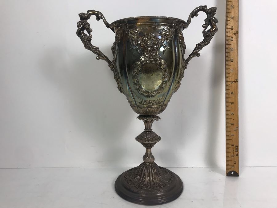 Stunning Ornate Hallmarked Silverplate Trophy Cup Inscribed 'Regimental Sword Prize Awarded To Mr. Charles Bailey Aug 1869 Cavalry' 15'H [Photo 5]