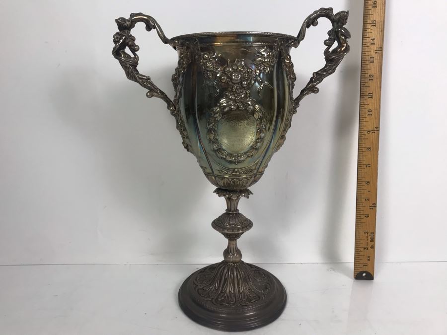 Stunning Ornate Hallmarked Silverplate Trophy Cup Inscribed 'Regimental Sword Prize Awarded To Mr. Charles Bailey Aug 1869 Cavalry' 15'H [Photo 2]