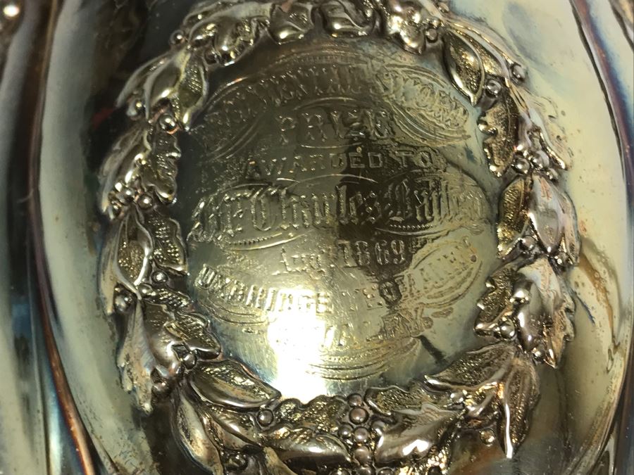 Stunning Ornate Hallmarked Silverplate Trophy Cup Inscribed 'Regimental Sword Prize Awarded To Mr. Charles Bailey Aug 1869 Cavalry' 15'H [Photo 12]