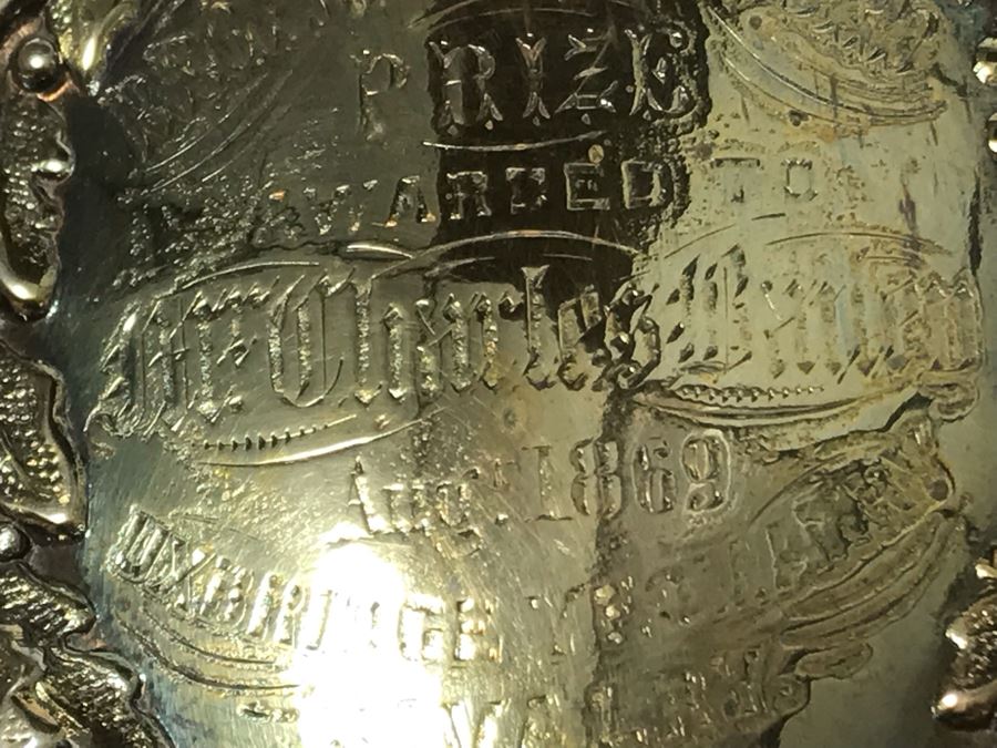 Stunning Ornate Hallmarked Silverplate Trophy Cup Inscribed 'Regimental Sword Prize Awarded To Mr. Charles Bailey Aug 1869 Cavalry' 15'H [Photo 16]
