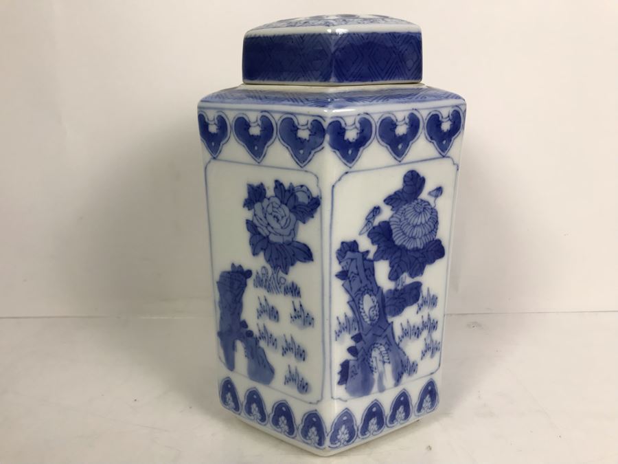 Signed Chinese Blue And White Jar With Lid 10'H [Photo 4]