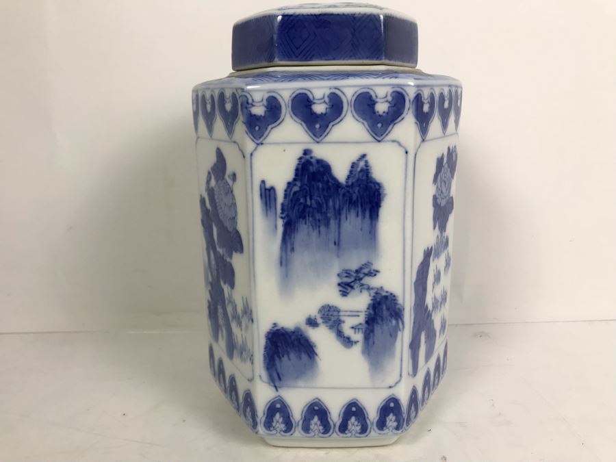 Signed Chinese Blue And White Jar With Lid 10'H