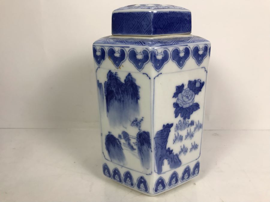 Signed Chinese Blue And White Jar With Lid 10'H [Photo 5]