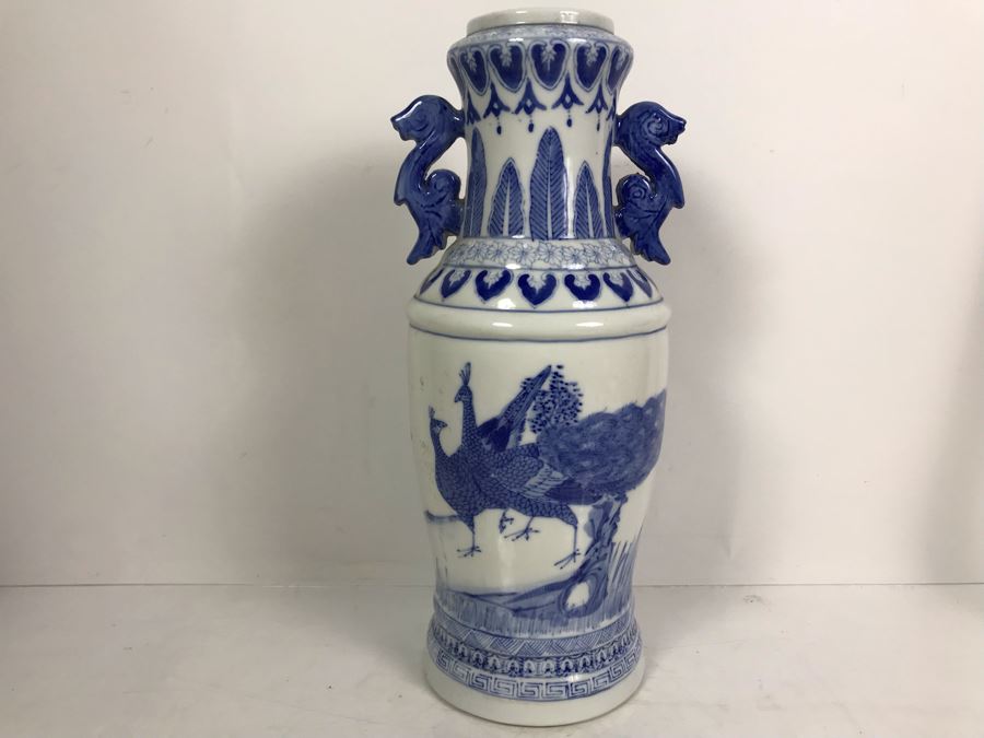 Signed Chinese Blue And White Vase 14.5'H