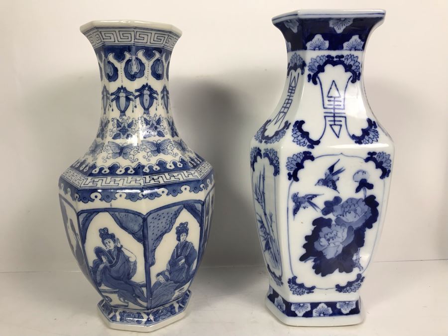 Pair Of Contemporary Chinese Blue And White Vases 14'H [Photo 1]