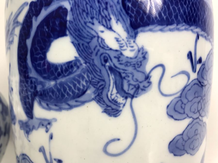 Pair Of Contemporary Chinese Blue And White Vases Dragon Serpent Design [Photo 3]