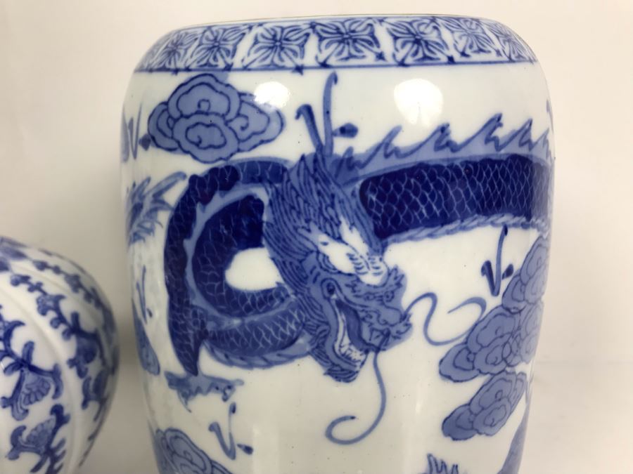 Pair Of Contemporary Chinese Blue And White Vases Dragon Serpent Design [Photo 2]