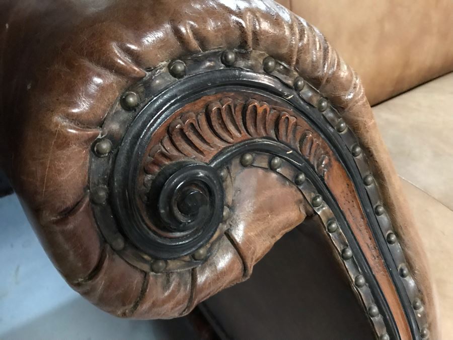 Vintage Classy Ralph Lauren Leather Sofa With Brass Nail Heads - See Photos For Hairline Crack On Right Top That Needs Repair [Photo 3]