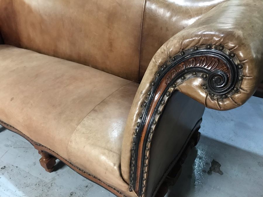 Vintage Classy Ralph Lauren Leather Sofa With Brass Nail Heads - See Photos For Hairline Crack On Right Top That Needs Repair [Photo 8]
