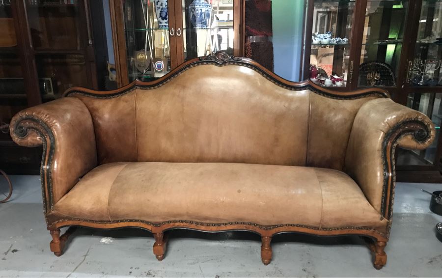 Vintage Classy Ralph Lauren Leather Sofa With Brass Nail Heads - See Photos For Hairline Crack On Right Top That Needs Repair [Photo 5]