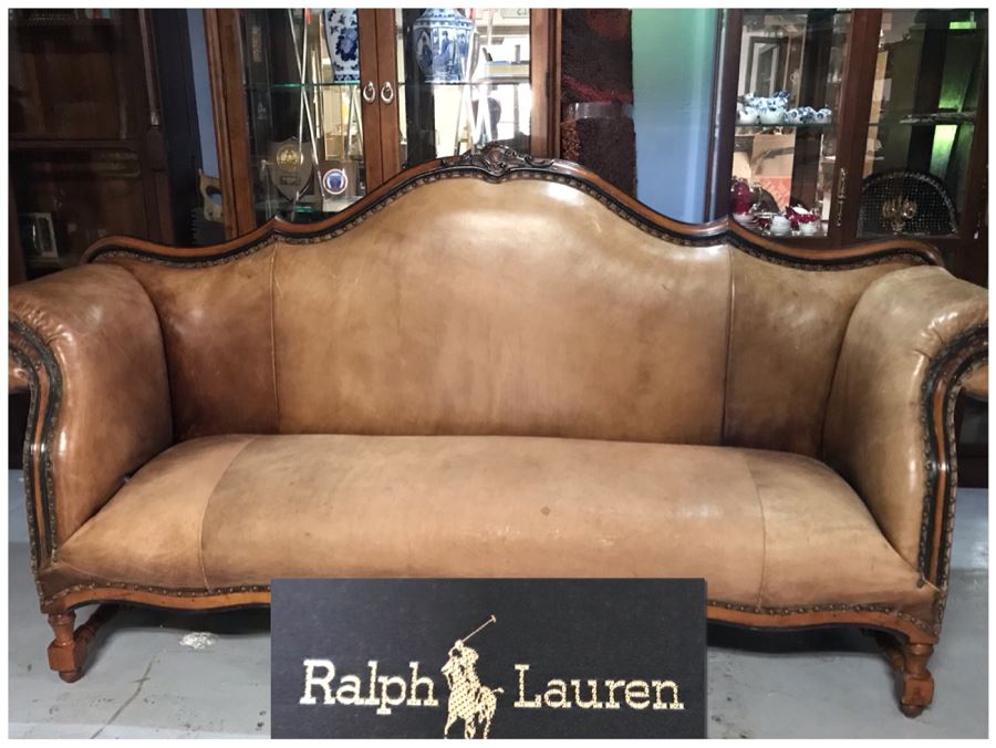 Vintage Classy Ralph Lauren Leather Sofa With Brass Nail Heads - See Photos For Hairline Crack On Right Top That Needs Repair