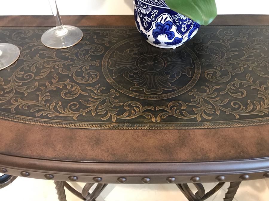 Contemporary Sofa Console Table Dark Brown Finish With Metal Base [Photo 4]