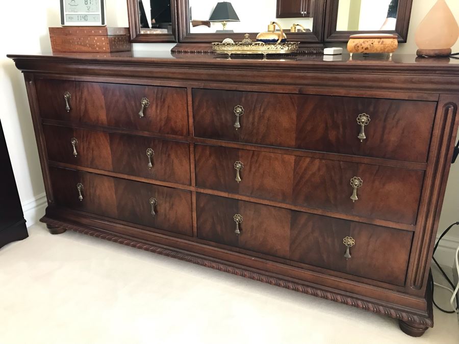Stunning National Mt. Airy 6-Drawer Chest Of Drawers Dresser With Brass Pulls And 3-Panel Beveled Glass Adjustable Hinged Mirror [Photo 9]