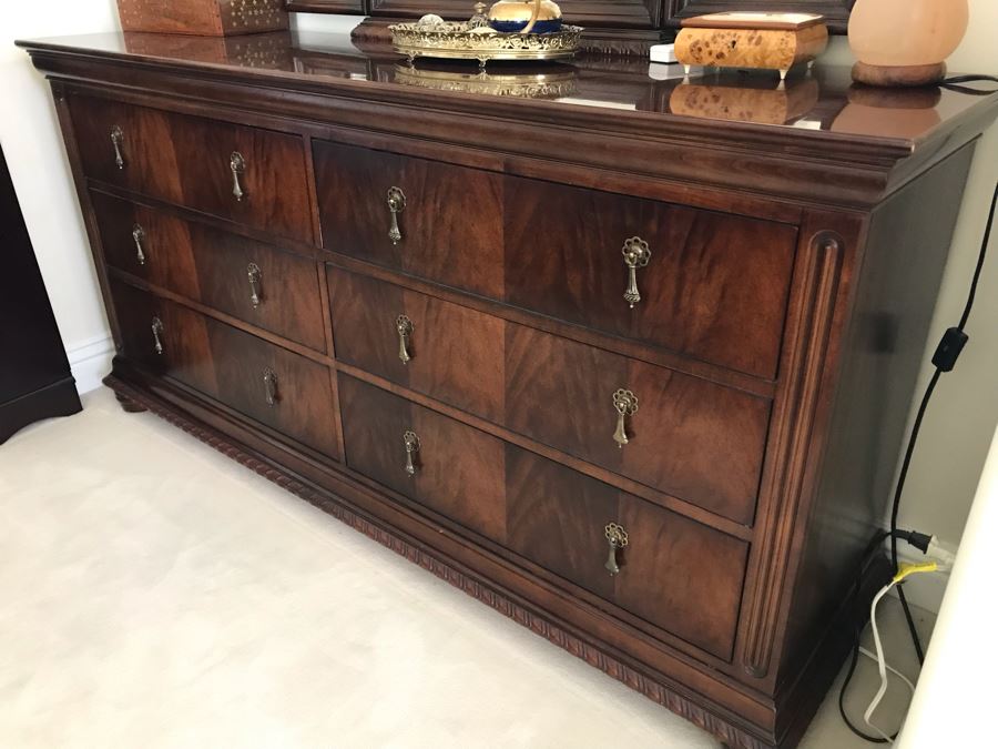 Stunning National Mt. Airy 6-Drawer Chest Of Drawers Dresser With Brass Pulls And 3-Panel Beveled Glass Adjustable Hinged Mirror [Photo 3]