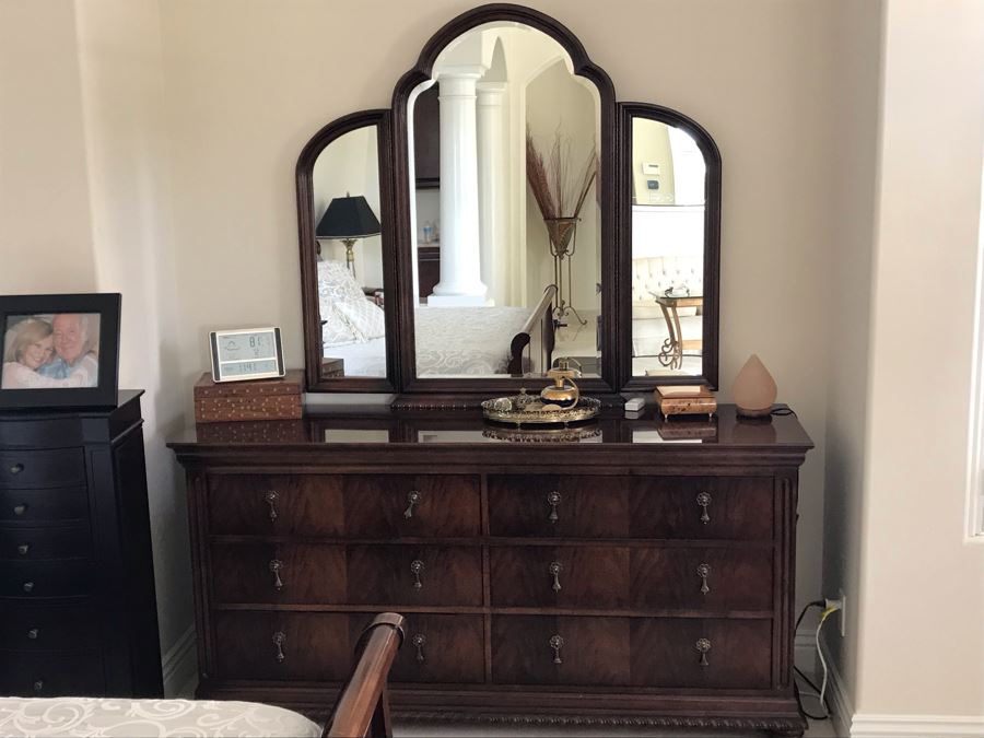 Stunning National Mt. Airy 6-Drawer Chest Of Drawers Dresser With Brass Pulls And 3-Panel Beveled Glass Adjustable Hinged Mirror [Photo 11]